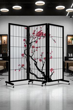 Siyah Japon Sakura Ağacı Tekerlekli Ahşap Paravan Seperatör Oda Bölme