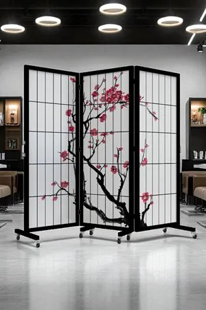 Siyah Japon Sakura Ağacı Tekerlekli Ahşap Paravan Seperatör Oda Bölme