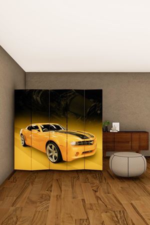 Doğal Ahşap Sarı Araba Baskılı 5 Kanat Paravan Seperatör Oda Bölme