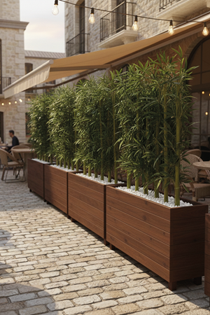 Ahşap Saksılı Dış Mekân Bambu Seperatör Ceviz | Doğal Bambu Alan Ayırıcı