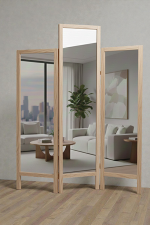 Doğal Ahşap Çerçeveli Ayna Paravan Naturel Renk | Ayaklı Çok Kanatlı Tam Boy Ayna