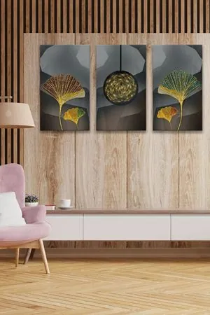 Gri Arka Planlı Üç Parça Takım Kanvas Tablo 5521184