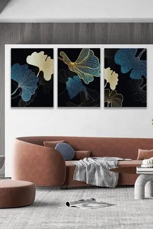 Lotus Yapraklı Üç Parça Takım Kanvas Duvar Tablo 5521186