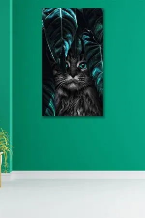 Yaprakların Arasındaki Kedi Çizimi  Kanvas Duvar Tablo 4452352
