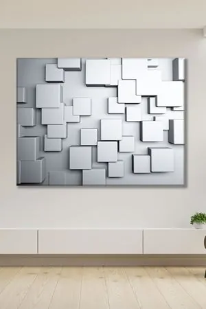 Beyaz Karışık Dizilmiş 3 Boyutlu Kareler Art Kanvas Tablo 2221567