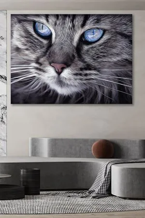 Mavi Gözlü Gri Kedi Kanvas Duvar Tablo 4452425