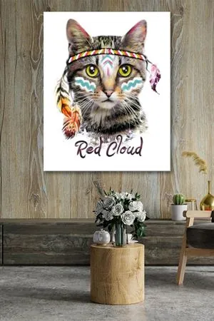 Kızılderili Kedi Çizimi Kanvas Duvar Tablo 4452340