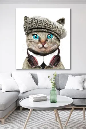 Şapkalı Kedi Çizimi Kanvas Duvar Tablo 4452296