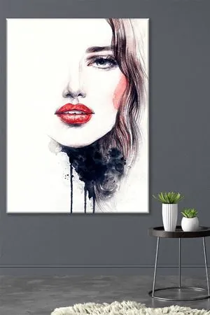 Kırmızı Dudaklı Güzel Kadın Kanvas Duvar Tablo 3322459