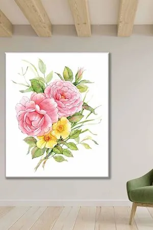 Gül ve Sarı Papatya Sulu Boya Efektli  Art Kanvas Tablo 2221823