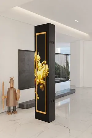 Doğal Ahşap Gold At Heykel 6 Kanat Paravan Seperatör Oda Bölme