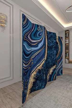 Doğal Ahşap Soyut Lacivert 6 Kanat Paravan Seperatör Oda Bölme