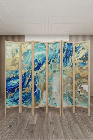 Doğal Ahşap Soyut Gold 6 Kanat Paravan Seperatör Oda Bölme