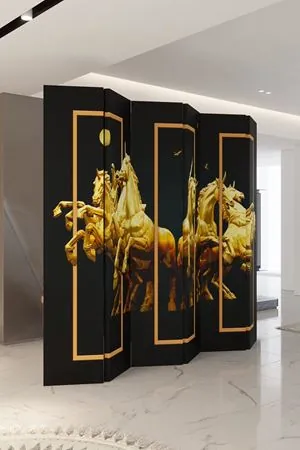 Doğal Ahşap Gold At Heykel 6 Kanat Paravan Seperatör Oda Bölme