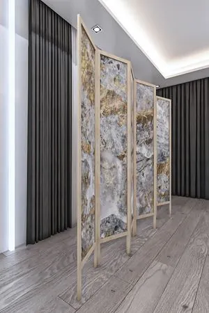 Doğal Ahşap Mermer Desen 6 Kanat Paravan Seperatör Oda Bölme