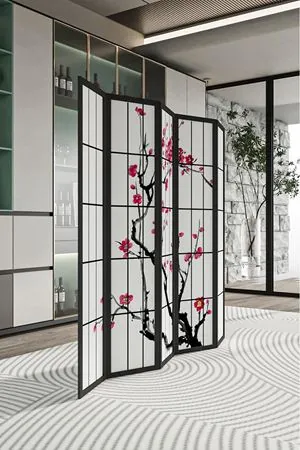 Sakura Japon Stil Paravan | Baskılı Doğal Ahşap Paravan
