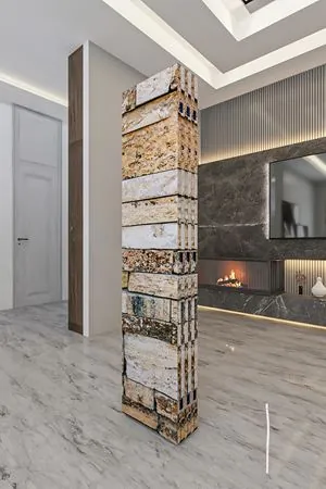 Doğal Ahşap Taş Desen 6 Kanat Tek Taraf Baskılı Paravan Seperatör Oda Bölme
