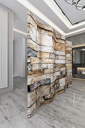 Doğal Ahşap Taş Desen 6 Kanat Tek Taraf Baskılı Paravan Seperatör Oda Bölme