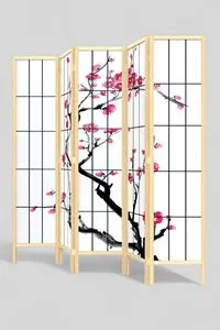 Bej Doğal Ahşap Ayaklı Japon Stil Sakura Ağacı Baskılı Paravan Seperatör Oda Bölme