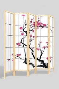 Bej Doğal Ahşap Ayaklı Japon Stil Sakura Ağacı Baskılı Paravan Seperatör Oda Bölme