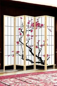 Bej Doğal Ahşap Ayaklı Japon Stil Sakura Ağacı Baskılı Paravan Seperatör Oda Bölme