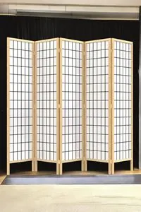 Bej Doğal Ahşap Japon Ayaklı Stil Çizgisel Izgara Baskı Paravan Seperatör Oda Bölme