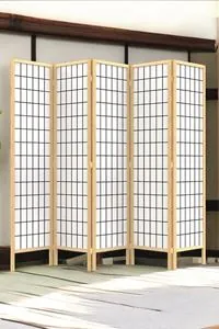 Bej Doğal Ahşap Japon Ayaklı Stil Çizgisel Izgara Baskı Paravan Seperatör Oda Bölme