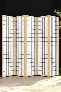 Bej Doğal Ahşap Japon Stil Çizgisel Izgara Basklı Paravan Seperatör Oda Bölme
