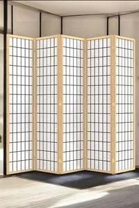 Bej Doğal Ahşap Japon Stil Çizgisel Izgara Basklı Paravan Seperatör Oda Bölme