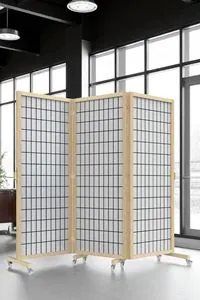 Bej Japon Stil Tekerlekli Çizgisel Baskılı Ahşap Paravan Seperatör Oda Bölme
