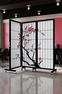 Siyah Japon Sakura Ağacı Tekerlekli Ahşap Paravan Seperatör Oda Bölme