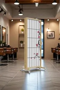 Bej Japon Sakura Ağacı Tekerlekli Ahşap Paravan Seperatör Oda Bölme