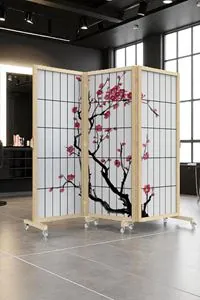 Bej Japon Sakura Ağacı Tekerlekli Ahşap Paravan Seperatör Oda Bölme