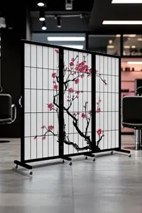 Siyah Japon Sakura Ağacı Tekerlekli Ahşap Paravan Seperatör Oda Bölme