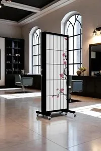 Siyah Japon Sakura Ağacı Tekerlekli Ahşap Paravan Seperatör Oda Bölme